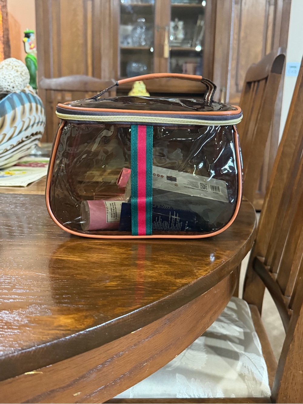 Clear Cosmetic Travel Bag with Pink Trim and Stripe Accent